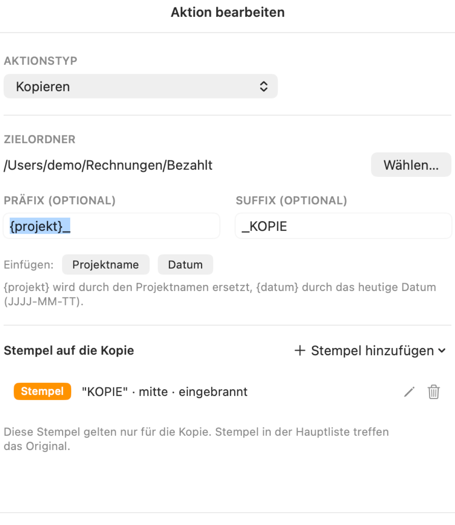Aktion bearbeiten: Kopieren mit Stempel
