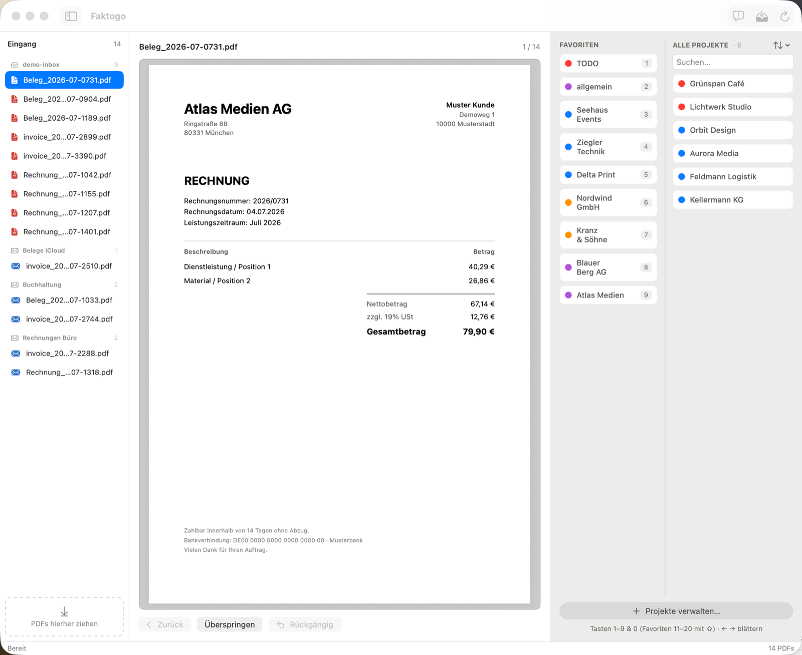 Faktogo Hauptansicht: Eingang, PDF-Vorschau und Projektleiste